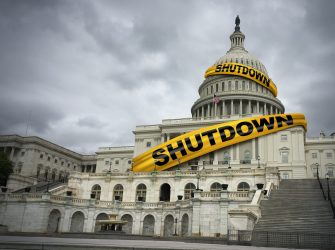 USA shutdown and United States government closed and american federal shut down due to spending bill disagreement between the left and the right pas a national finance symbol with yellow hazard tape in a 3D illustration style.